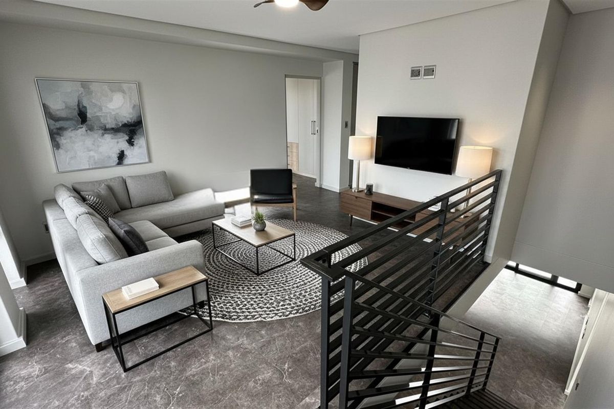 Modern open-plan living area featuring sleek tiled flooring, a contemporary metal staircase balustrade, and neutral finishes throughout.