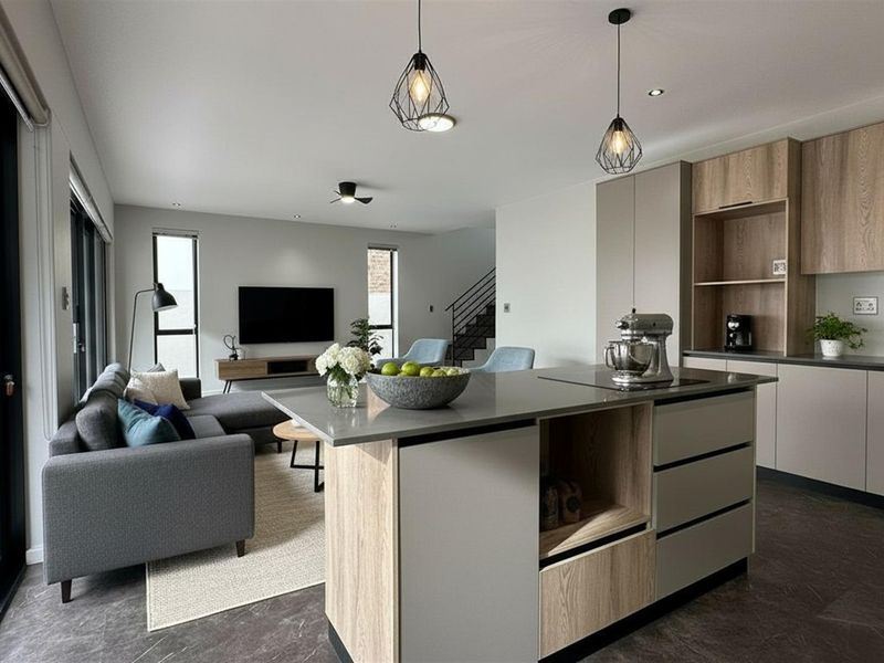 Modern open-plan living area featuring a contemporary kitchen with a central island, stone countertops, and seamless flow to the lounge and outdoor access.