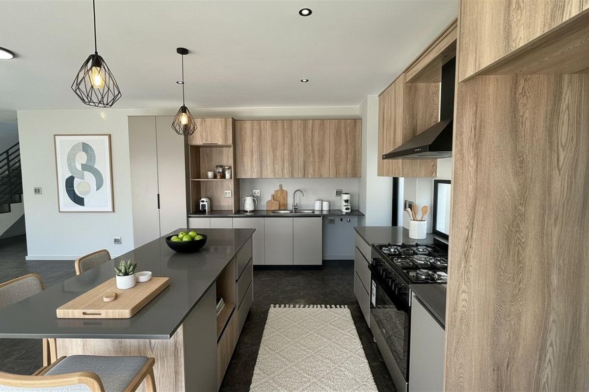 Modern kitchen featuring wood-tone cabinetry, a central island with breakfast bar, gas hob, and high-quality finishes in an open-plan layout.