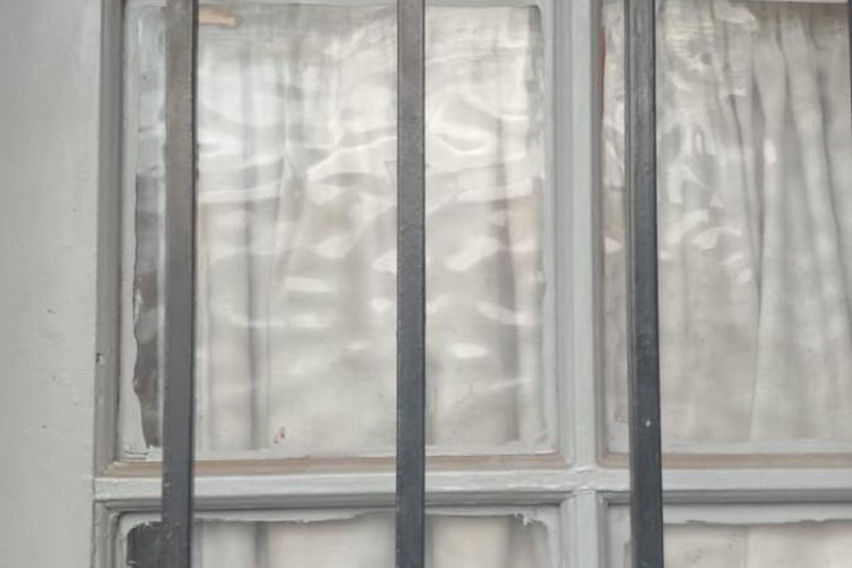 Close-up view of a window featuring a security grille, showing signs of wear and aging on the frame and glazing.