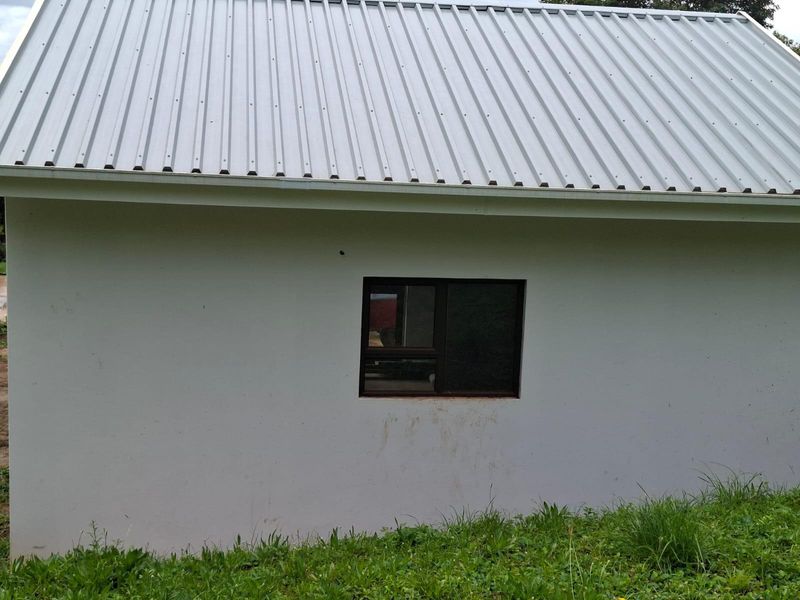 A view of the rear exterior wall featuring a corrugated metal roof, guttering, and a single aluminium-framed window.