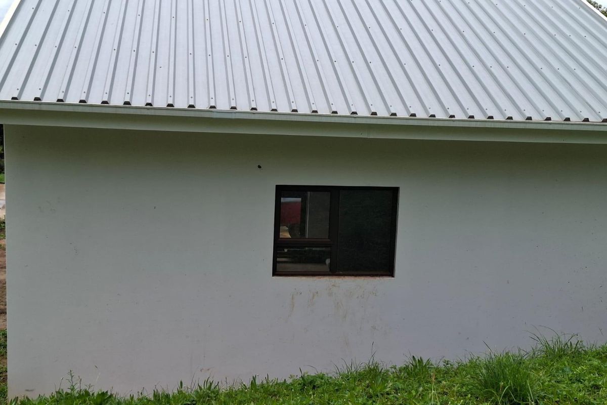 A view of the rear exterior wall featuring a corrugated metal roof, guttering, and a single aluminium-framed window.