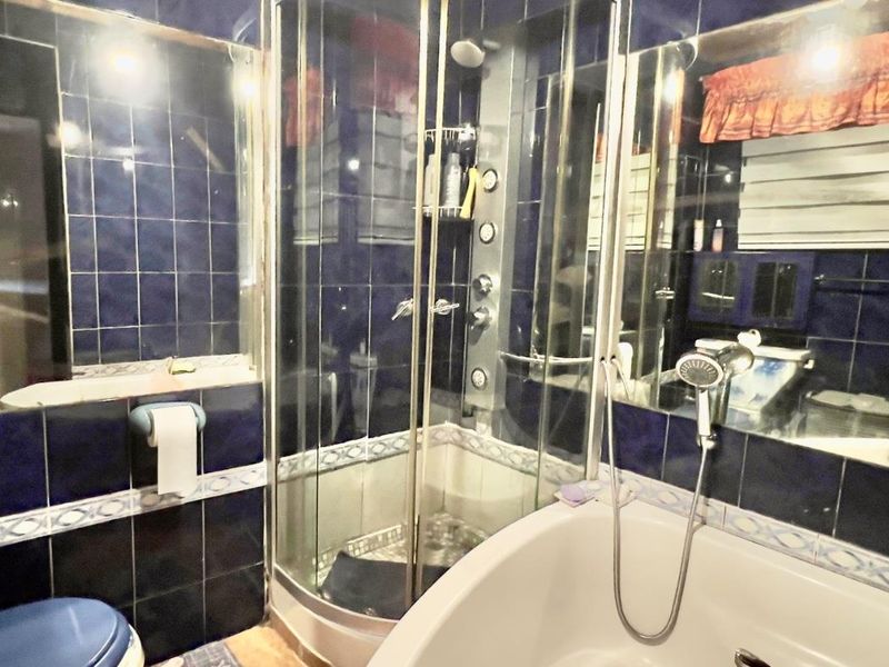 A compact bathroom featuring a corner shower enclosure, a bathtub, and dark blue wall tiling with decorative border accents.