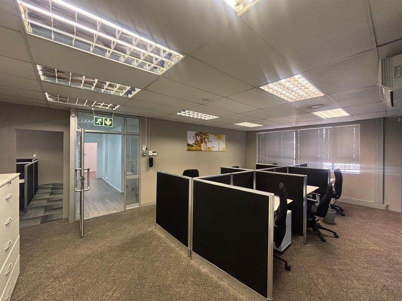 A functional office space featuring carpeted flooring, suspended ceilings with recessed lighting, and an aluminium-framed glass entrance door.