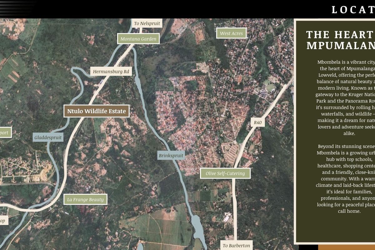 An aerial map showing the location of Ntulo Wildlife Estate in relation to Mbombela, local landmarks, and major transport routes.
