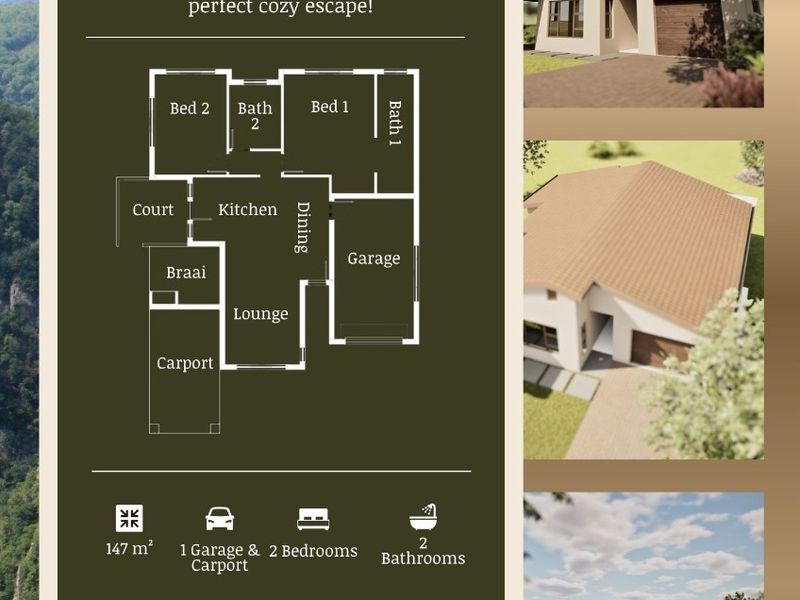A marketing brochure featuring a floor plan and 3D exterior renders for a two-bedroom house with a garage and carport.