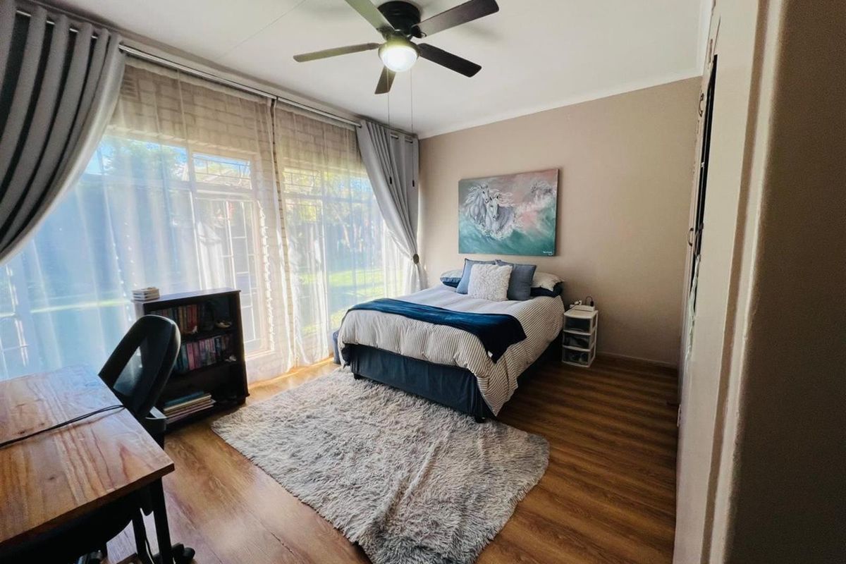 A well-lit bedroom featuring wood-look flooring, large windows with curtains, and a ceiling fan.