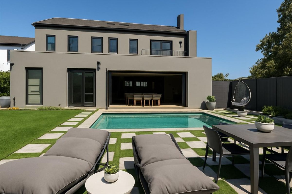 A modern two-story residence featuring a rear patio with seamless indoor-outdoor flow, a swimming pool, and a landscaped garden area.