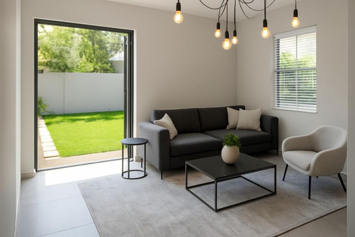 A bright living room featuring large glass sliding doors that open onto a private garden, complemented by modern pendant lighting and neutral tiled flooring.