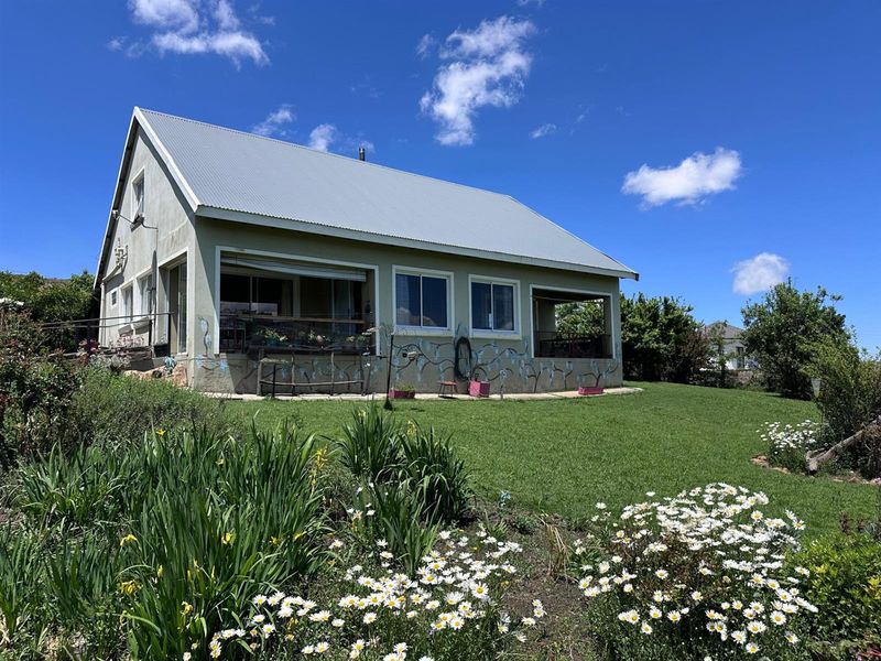 Rear view of a small holding residence featuring a corrugated metal roof, covered patio area, and established garden surroundings.
