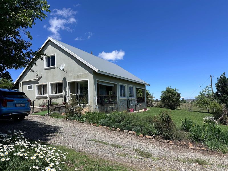Front view of a small holding residence featuring a corrugated metal roof, plastered exterior walls, and a gravel driveway set in a rural landscape.