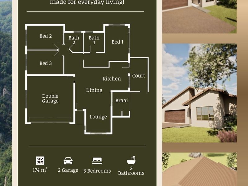A promotional floor plan and exterior rendering for the Impala house model, featuring three bedrooms, two bathrooms, and a double garage.