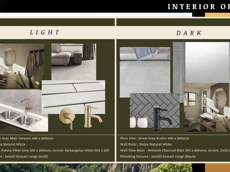 A marketing collage showcasing interior design options, including tile, paint, and plumbing fixture selections for residential spaces.
