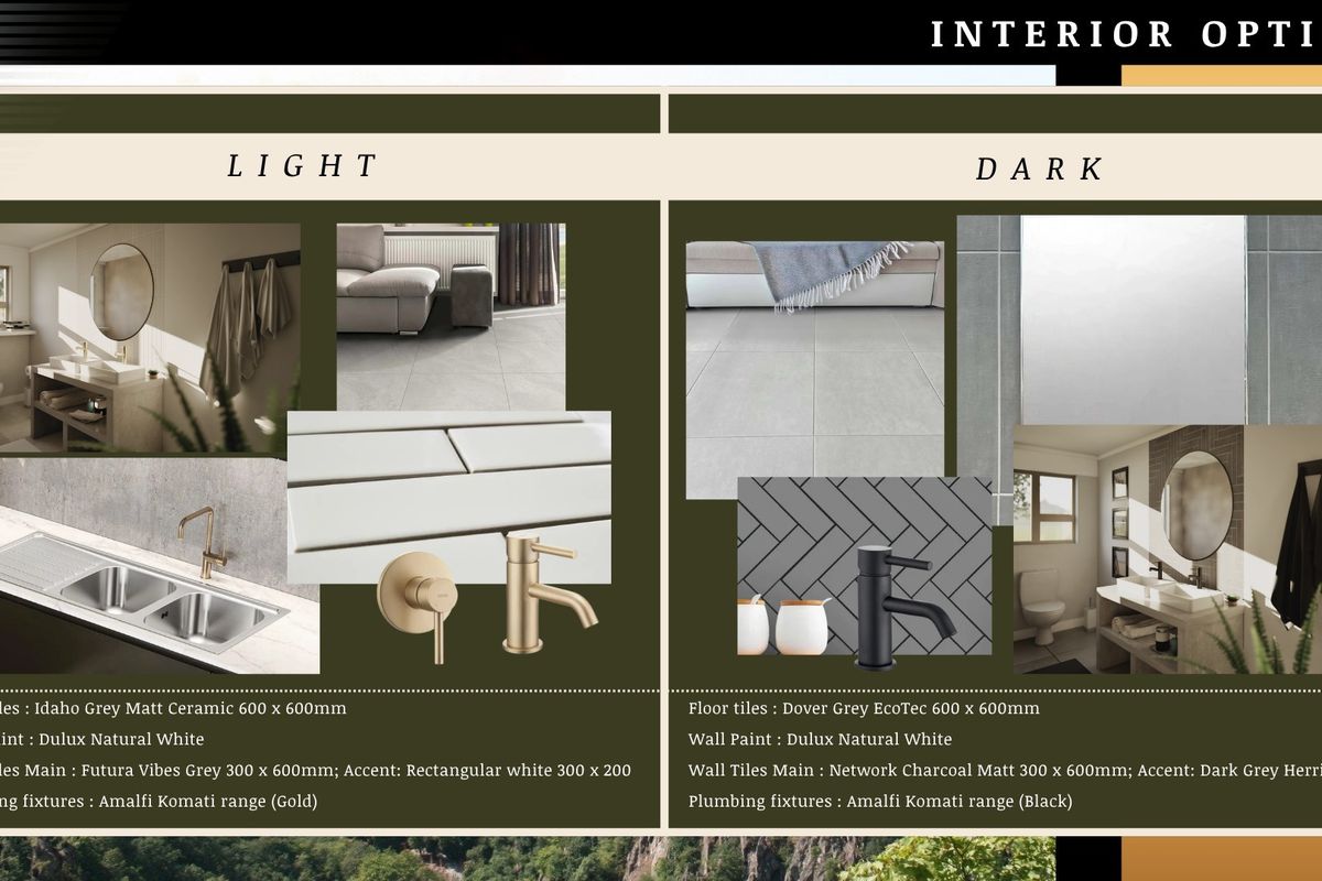 A marketing collage showcasing interior design options, including tile, paint, and plumbing fixture selections for residential spaces.