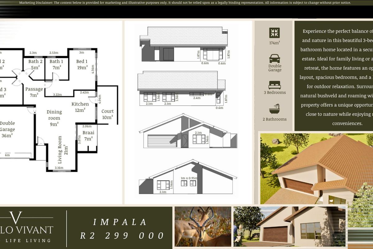 A comprehensive marketing floor plan and architectural elevation overview for a three-bedroom, two-bathroom residential property.