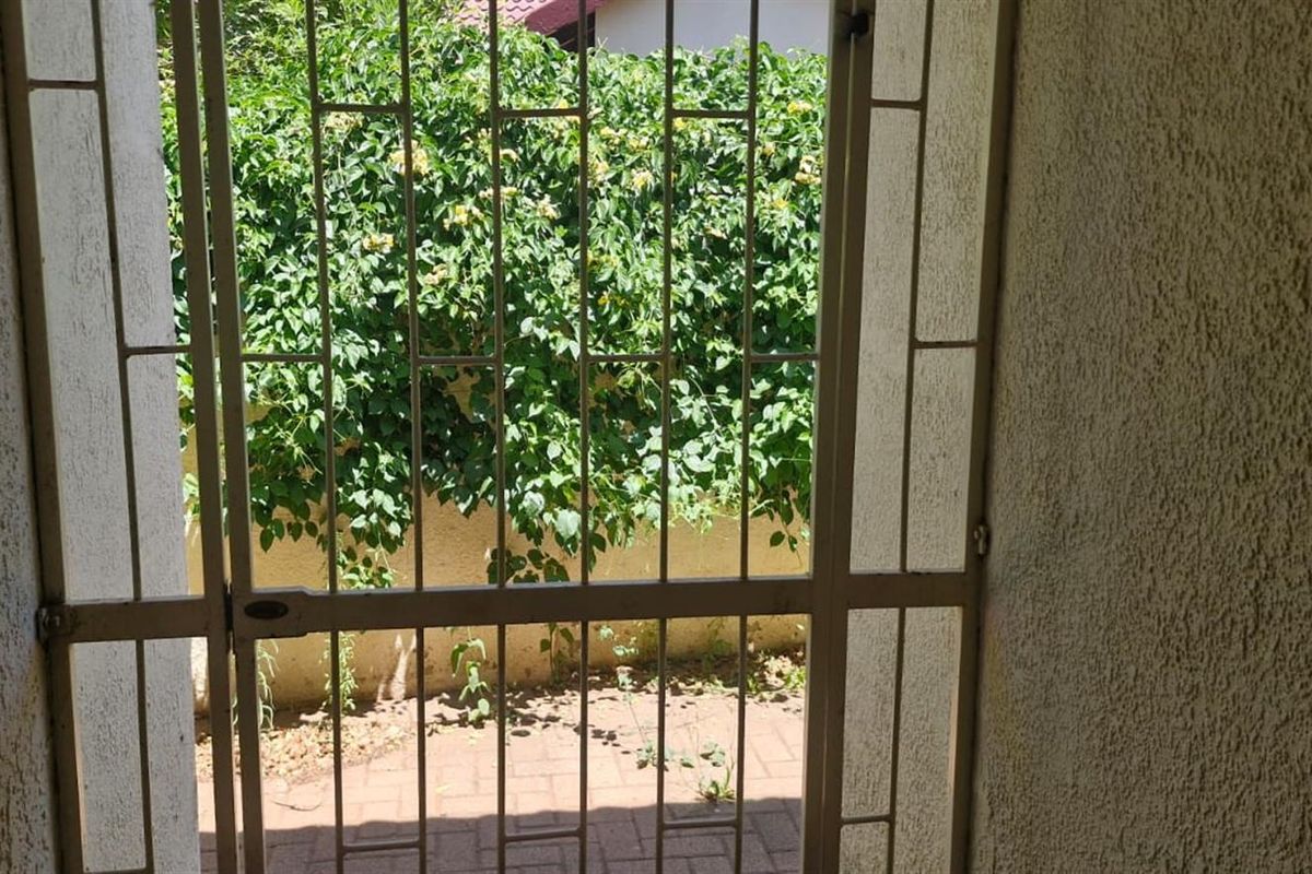 A view through a security gate onto a paved rear patio area with a boundary wall and established greenery.