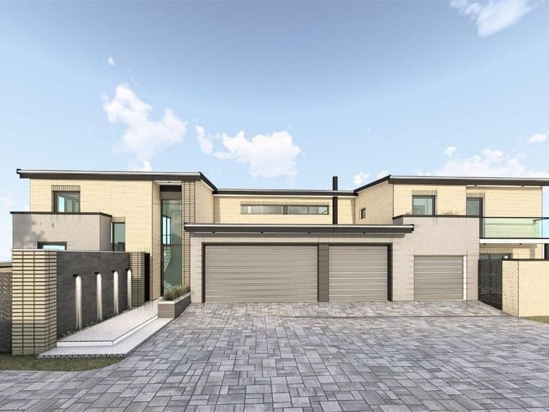 A modern architectural rendering of a contemporary house exterior featuring a triple garage, paved driveway, and clean brick and render facade.
