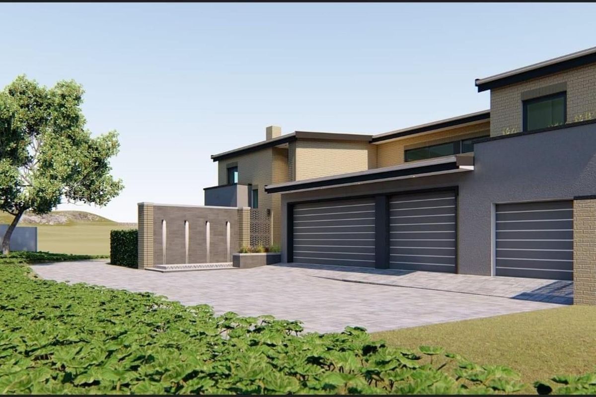 A modern architectural rendering of a residential property featuring a triple garage, paved driveway, and a decorative water feature wall.