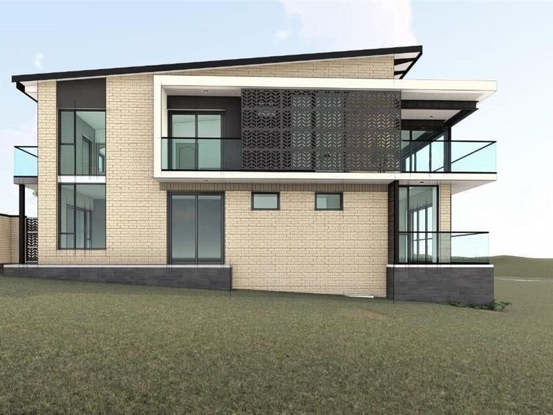 A modern architectural rendering of a two-story residential property featuring brick facade, glass balconies, and decorative metal screening.