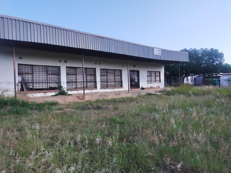 Front view of a commercial building featuring a corrugated metal roof, security bars on windows, and a concrete veranda, set on an overgrown lot.