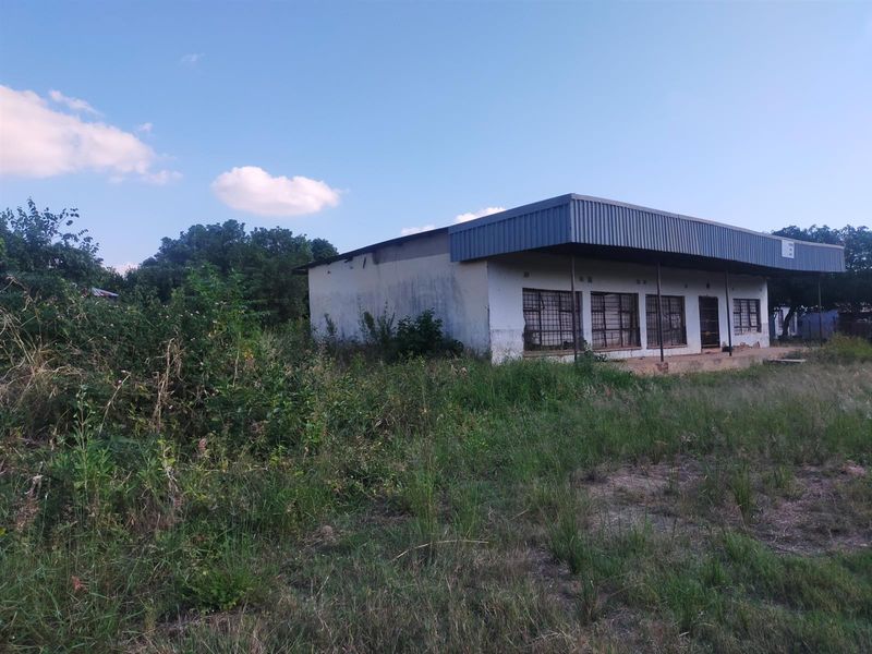 A single-story commercial building featuring a metal roof and covered veranda, set on a large plot with significant overgrown vegetation.