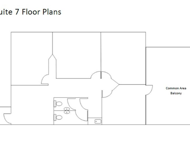A clear architectural floor plan layout for Suite 7, indicating internal office spaces, restroom facilities, and access to a common area balcony.
