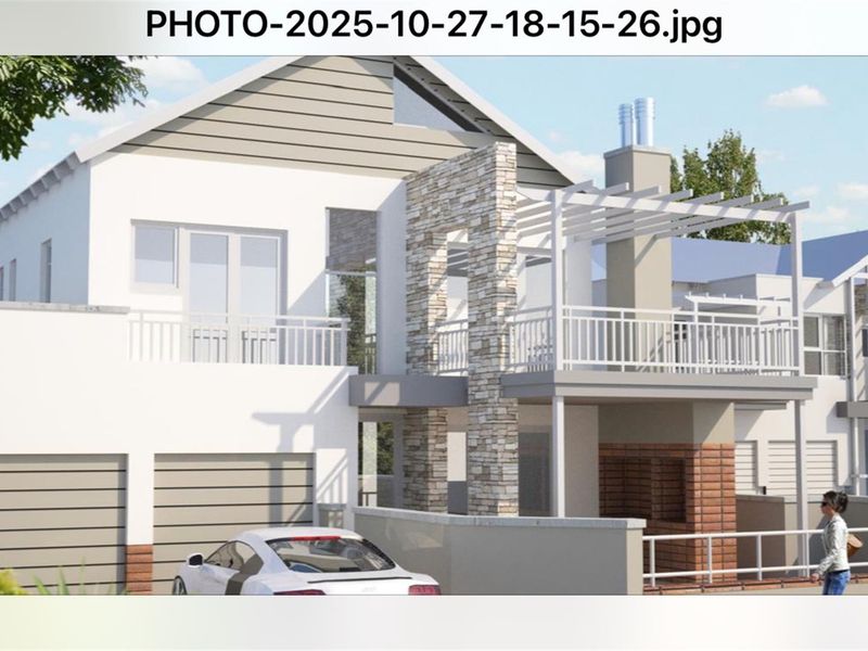 A digital architectural rendering of a modern residential property featuring a double garage, stone-clad pillars, and an elevated balcony with a built-in braai area.