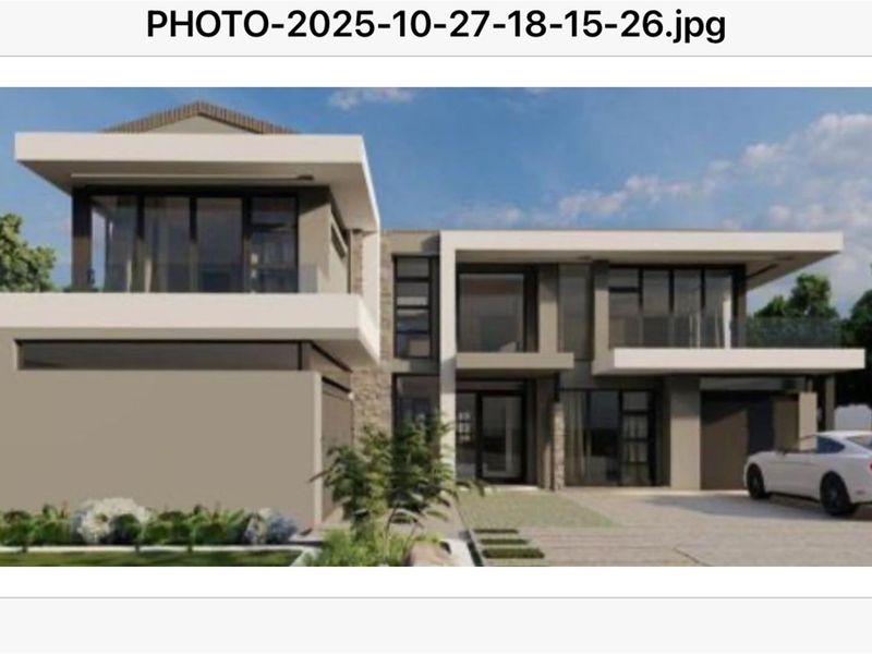A modern architectural rendering of a luxury two-story residential property featuring clean lines, large glass windows, and a paved driveway.