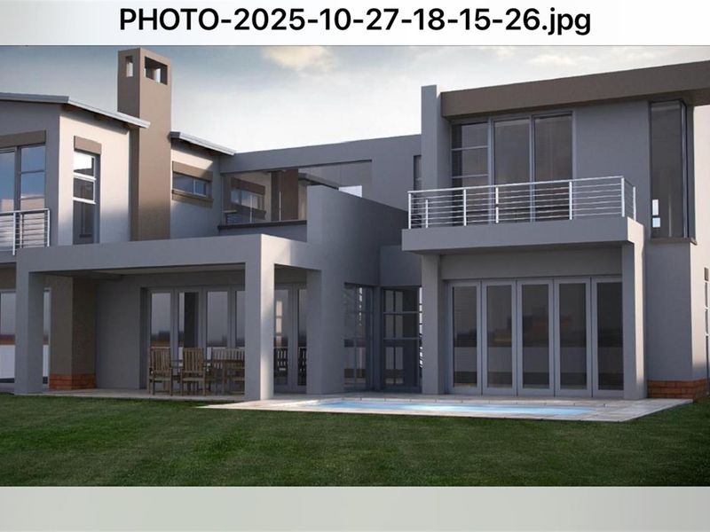 Modern double-story residential property featuring a rear patio, swimming pool, balcony, and contemporary architectural design with large glass sliding doors.