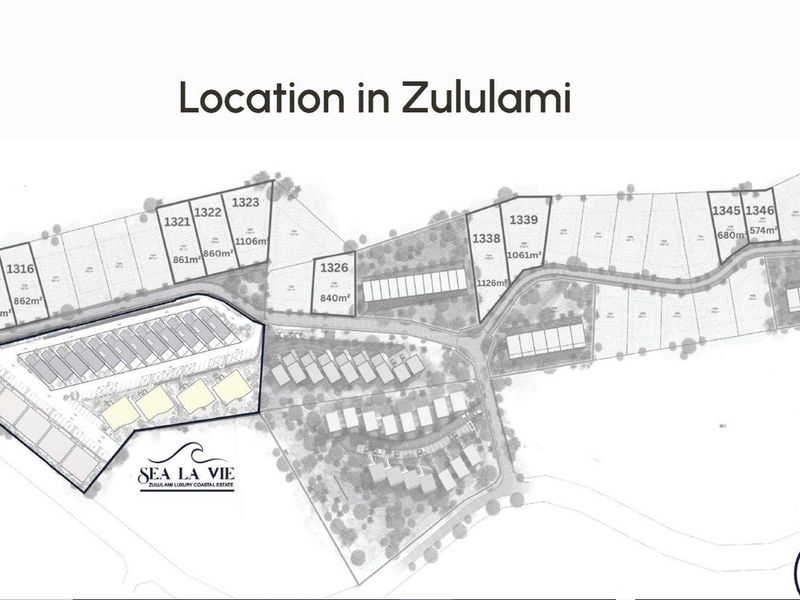 A site plan showing the layout and location of plots within the Sea La Vie estate in Zululami.