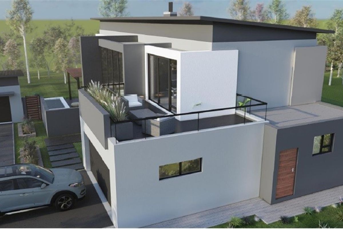 A modern architectural 3D render of a contemporary two-story house featuring a flat roof, balcony, and integrated garage.