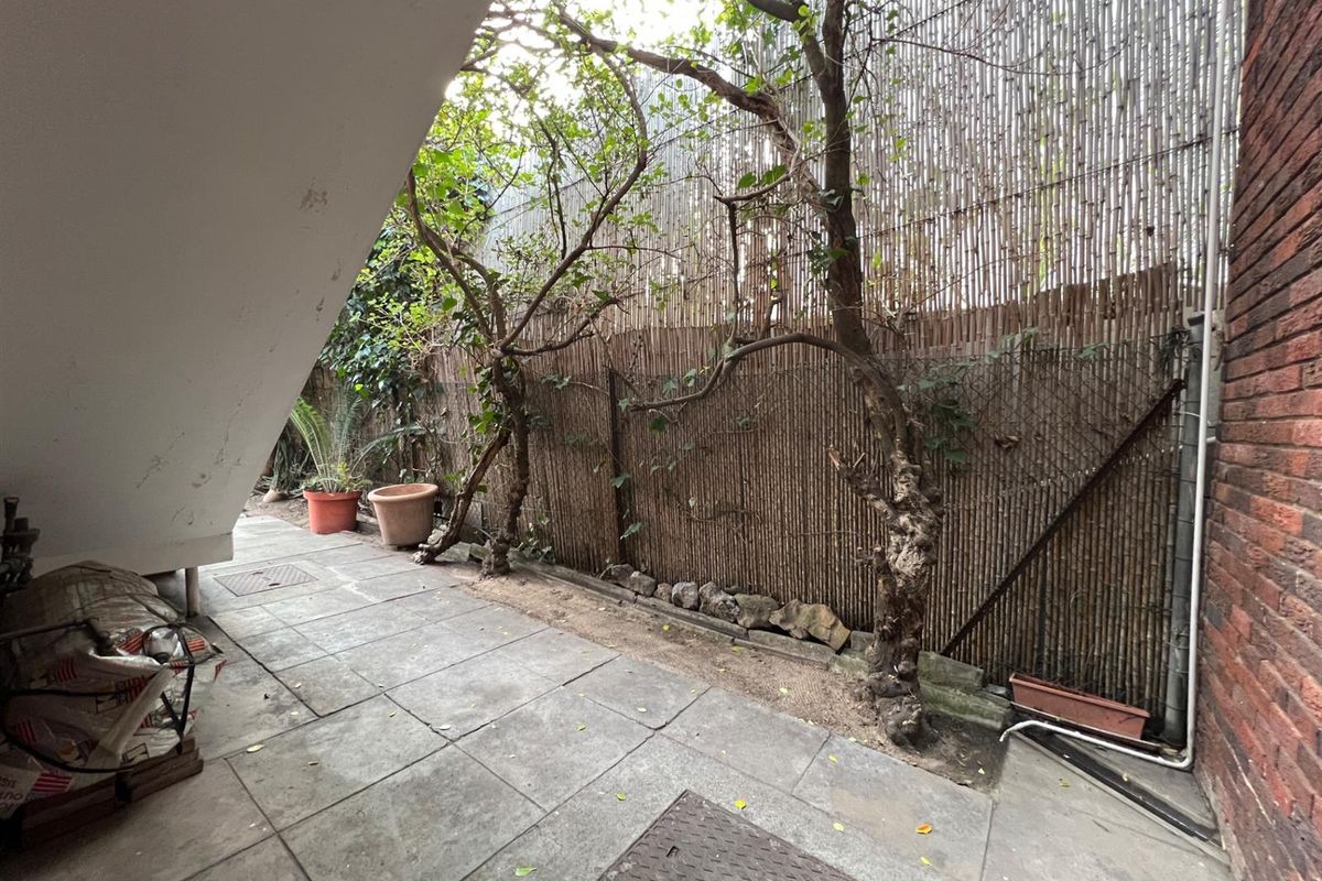 A narrow outdoor side passage featuring paved flooring, mature trees, and bamboo privacy screening along the boundary wall.