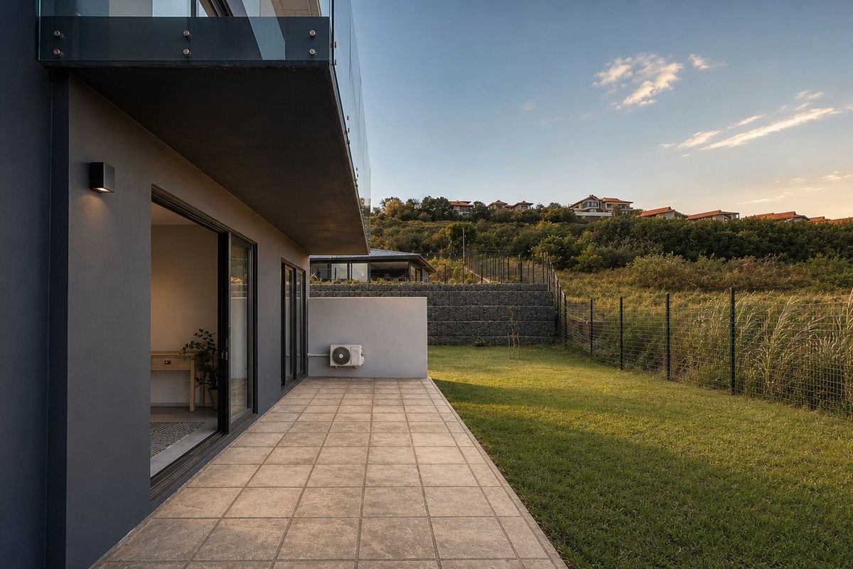 A modern rear exterior view featuring a tiled patio, glass balustrade, and direct access to a landscaped garden with a retaining wall.