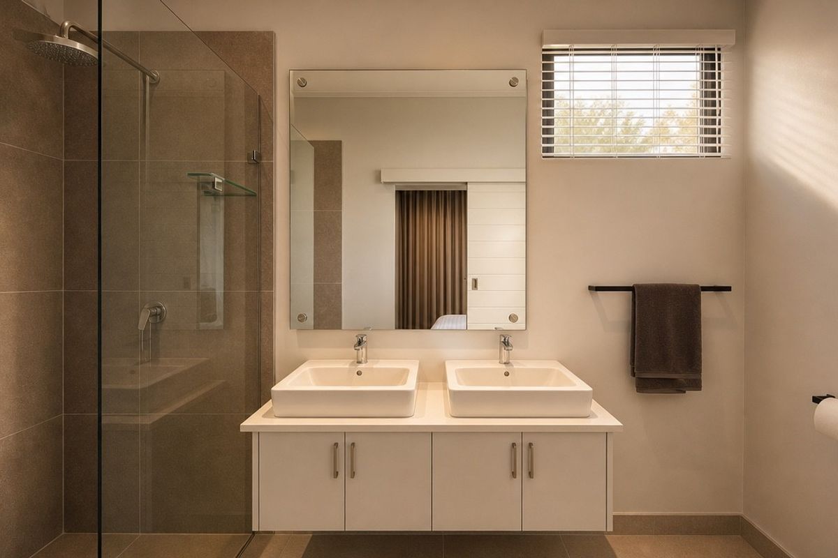 Modern bathroom featuring a double vanity with vessel sinks, a spacious walk-in shower with glass screen, and neutral tiling throughout.