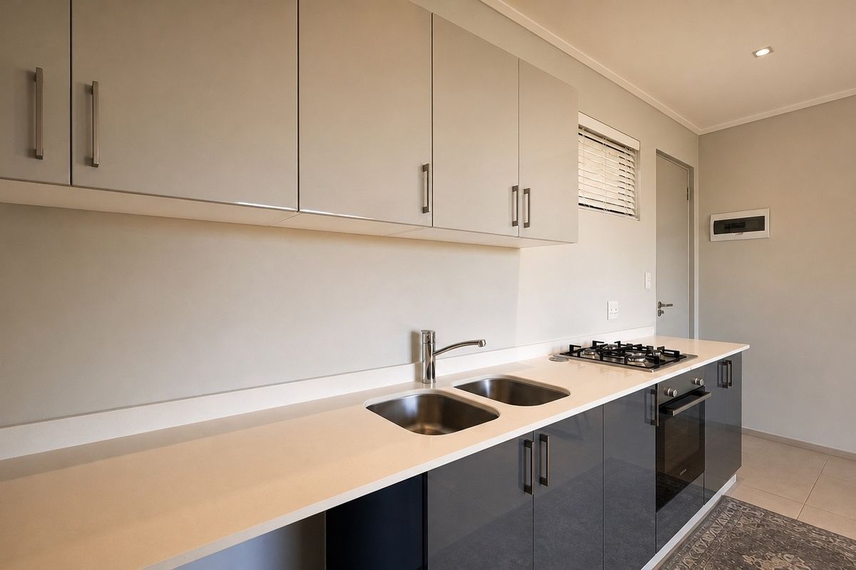 Modern kitchen featuring sleek grey cabinetry, stone countertops, a gas hob, built-in oven, and a stainless steel sink with a mixer tap.