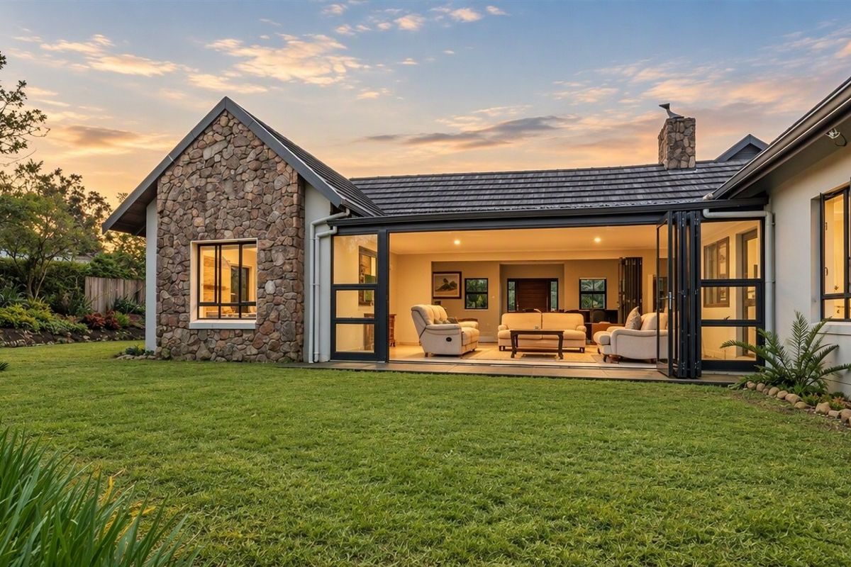 A beautifully maintained rear exterior view featuring stone cladding, a tiled roof, and expansive bi-fold doors opening onto a lush, manicured garden.