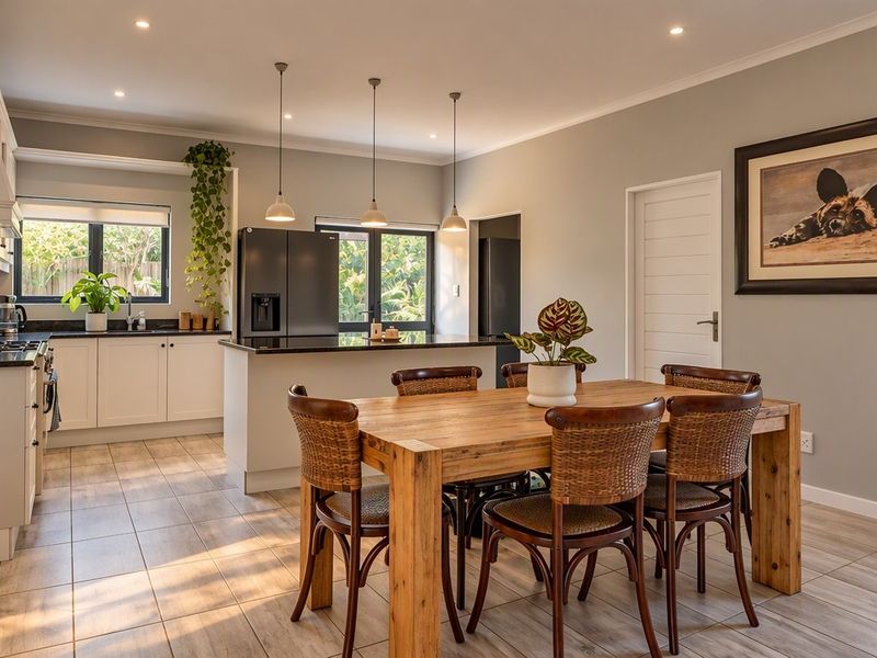 Modern open-plan kitchen and dining area featuring sleek cabinetry, a central island with stone countertops, and elegant pendant lighting throughout the space.