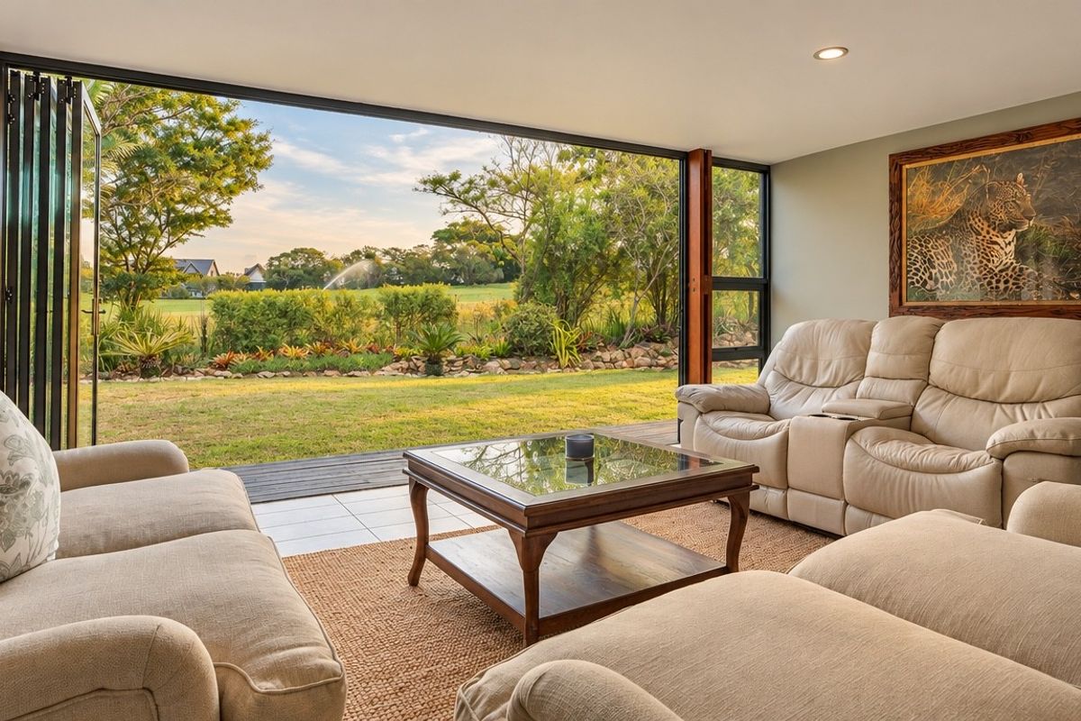 Spacious living room featuring large bi-fold doors that open onto a landscaped garden, providing seamless indoor-outdoor flow and natural light.