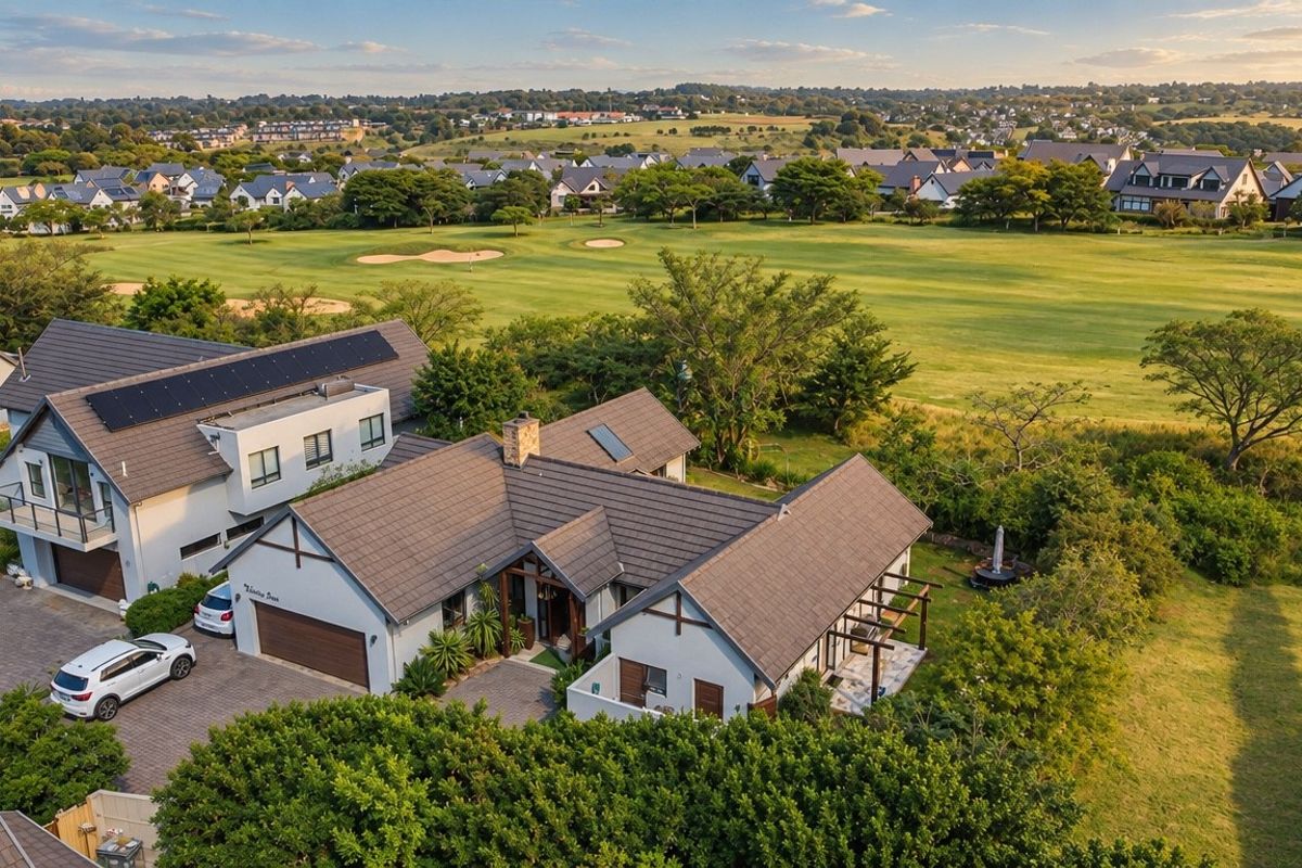 Aerial view of a well-maintained residential property featuring a tiled roof with solar panels, a paved driveway, and a scenic outlook over a golf course.