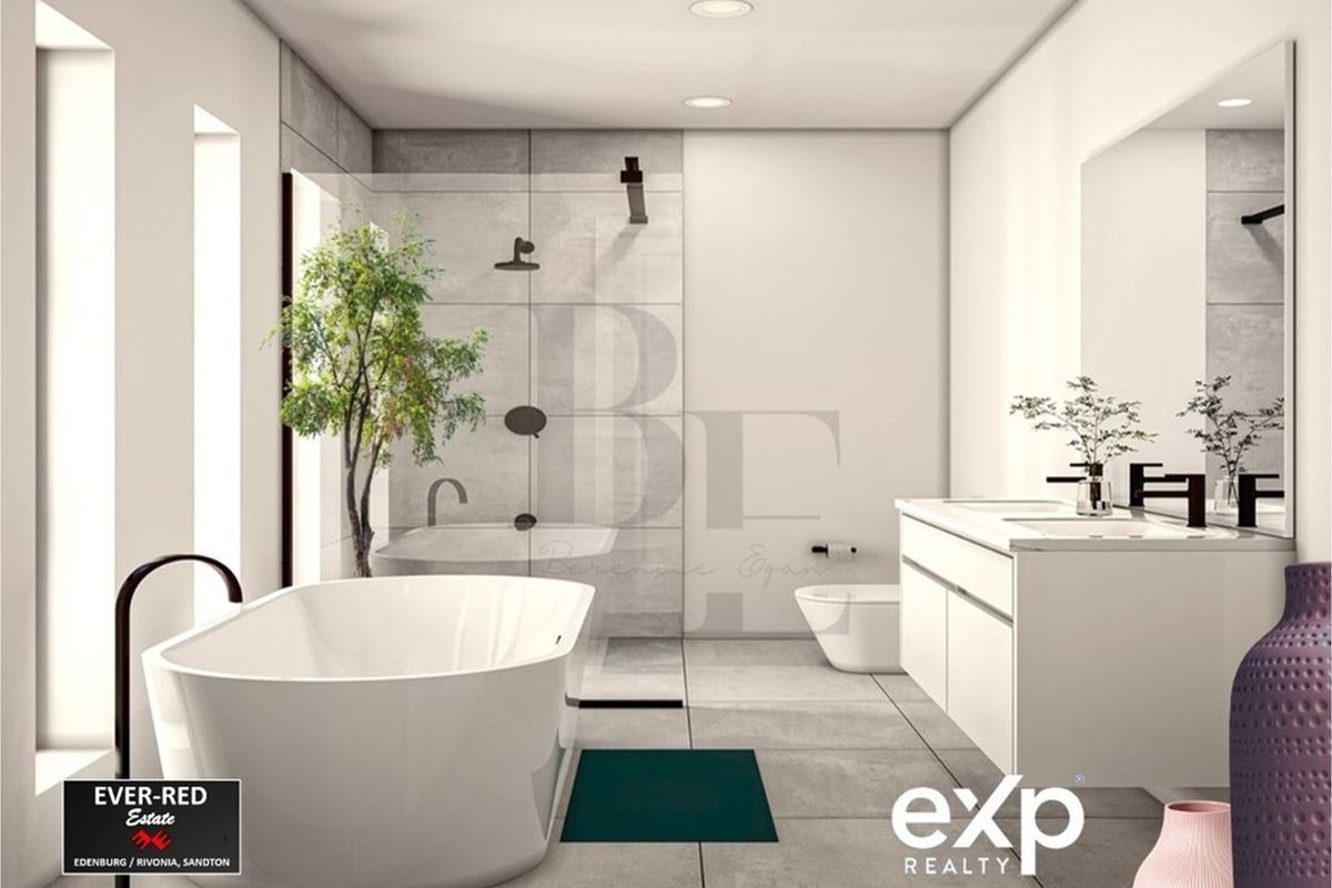 Modern bathroom featuring a freestanding bathtub, walk-in glass shower, double vanity with integrated sinks, and contemporary matte black fixtures.