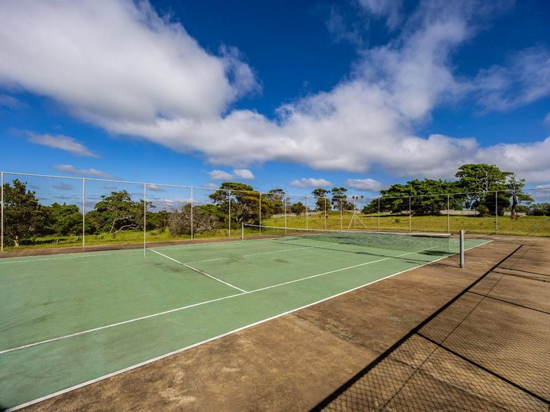 A private outdoor tennis court featuring a hard surface, enclosed by perimeter chain-link fencing, set within a spacious residential land plot.