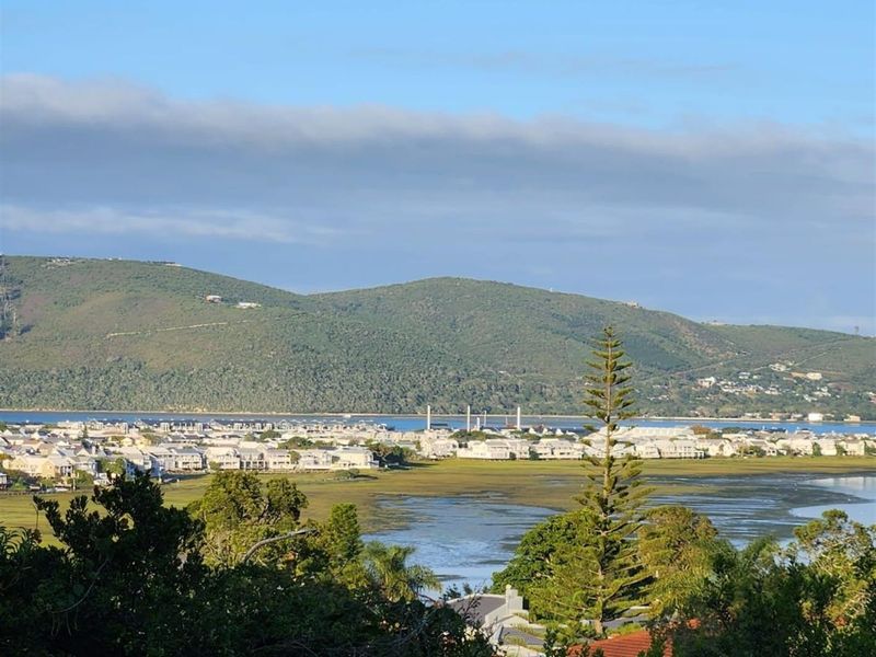A scenic elevated view overlooking a coastal landscape, wetlands, and residential development with distant mountains.