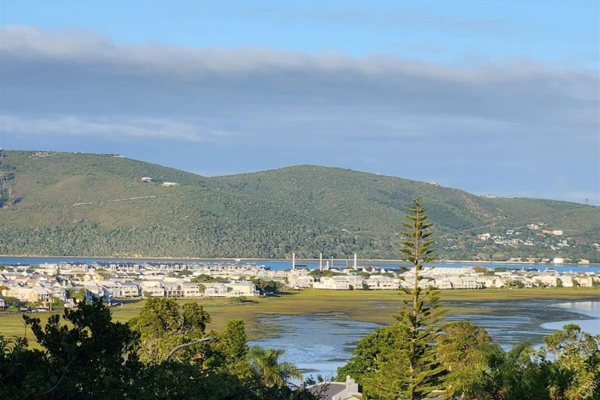 A scenic elevated view overlooking a coastal landscape, wetlands, and residential development with distant mountains.