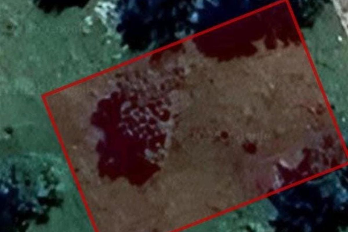 An aerial view of a vacant residential plot outlined in red, showing natural terrain and surrounding vegetation.