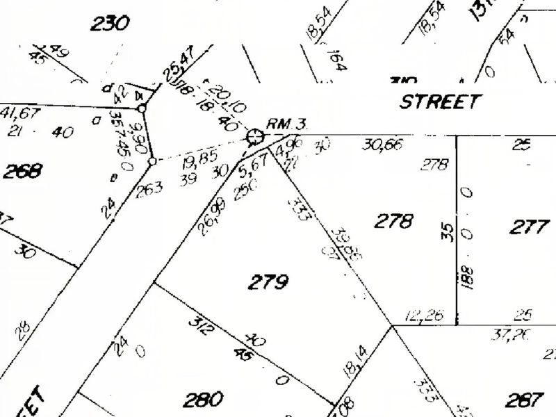 A detailed cadastral survey map showing property boundaries, lot numbers, and street frontage for the residential land parcel.
