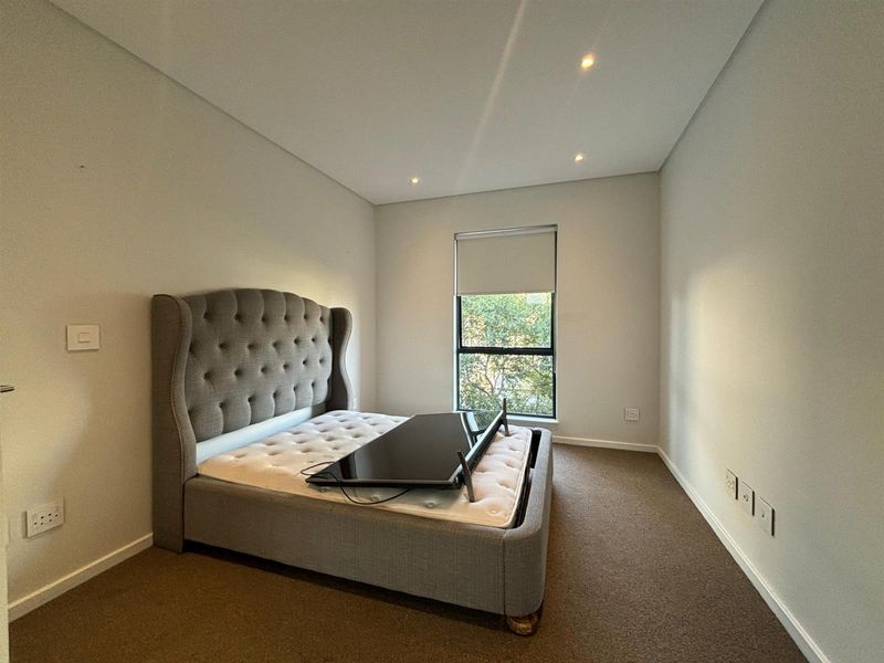 A well-maintained bedroom featuring neutral walls, carpeted flooring, recessed downlighting, and a window with a fitted roller blind.