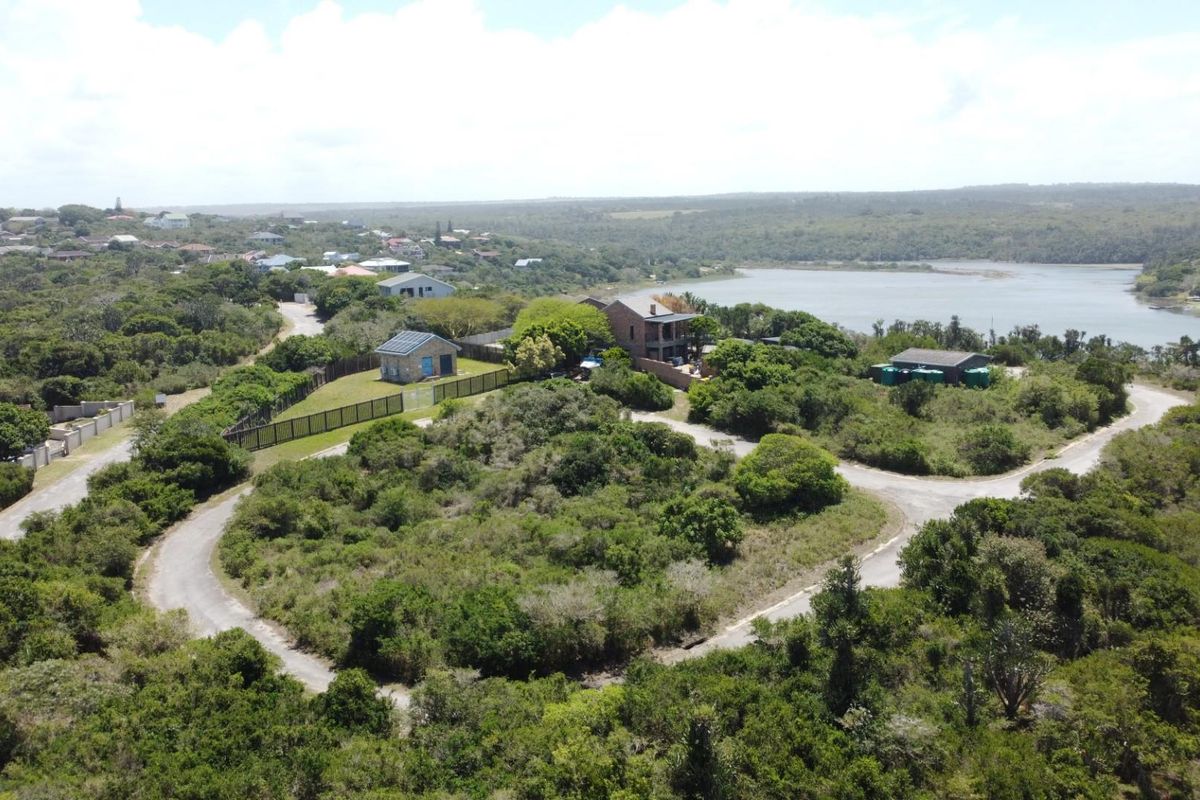 Aerial view of a residential property featuring established vegetation, paved access roads, and existing structures overlooking a scenic lagoon.