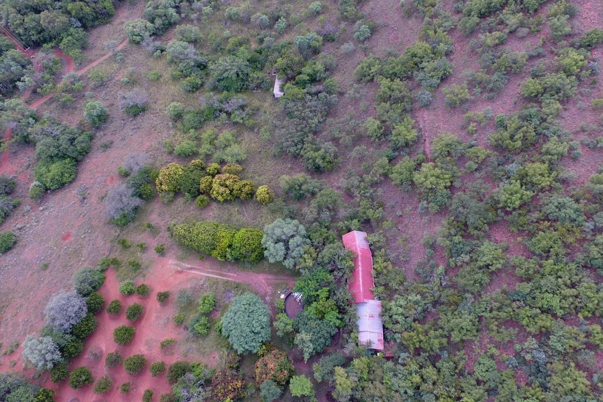 Aerial view of a rural farm property featuring a structure with a corrugated metal roof, surrounding orchard, and natural bushveld landscape.