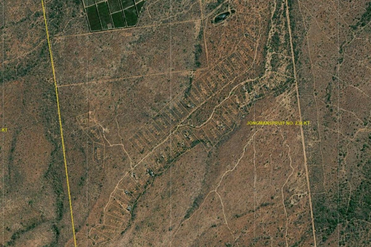 An aerial view of the Jongmanspruit No. 234-KT residential land development, showing the layout of individual plots within the rural landscape.