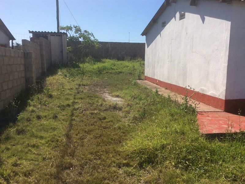 A side or rear yard area featuring a perimeter boundary wall and an exterior building facade with a concrete apron.